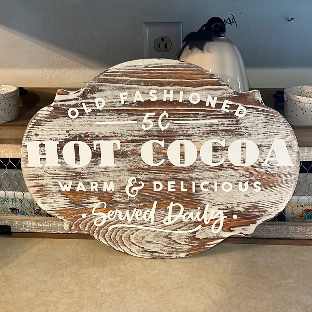 -Old-fashioned, hot chocolate white washed scalloped wall plaque